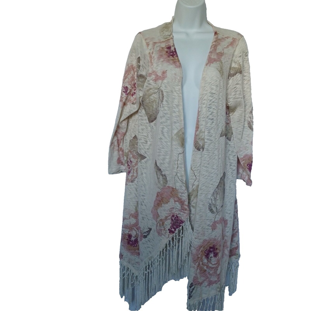 American Rag cardigan open longline fringe hem tan light weight boho sz 2X